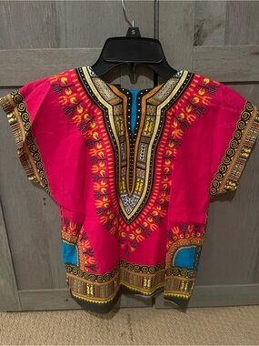 Bright Pink Indian Dashiki Top with Bold Multicolor Print